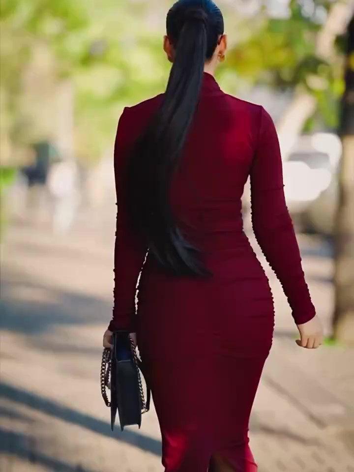 Burgundy Red Cutout Long-sleeved Bodycon Dress - HEPSIBAH SHOP