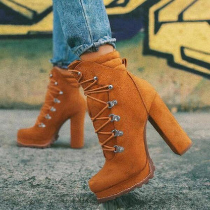 Heeled Boots For Women Round Toe Lace Up - HEPSIBAH SHOP