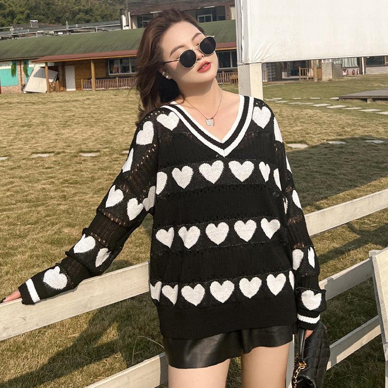 Large Size Heart Hollow Out Design Sense V-neck Sweater - HEPSIBAH SHOP