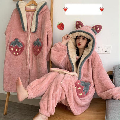 Cute padded flannel hooded pajamas