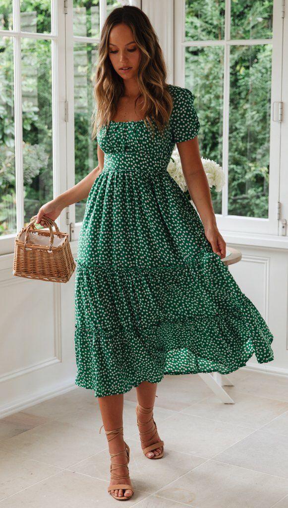 Square Collar Short Sleeve Dress Summer Puff Floral Printed Dress Long Dresses - HEPSIBAH SHOP