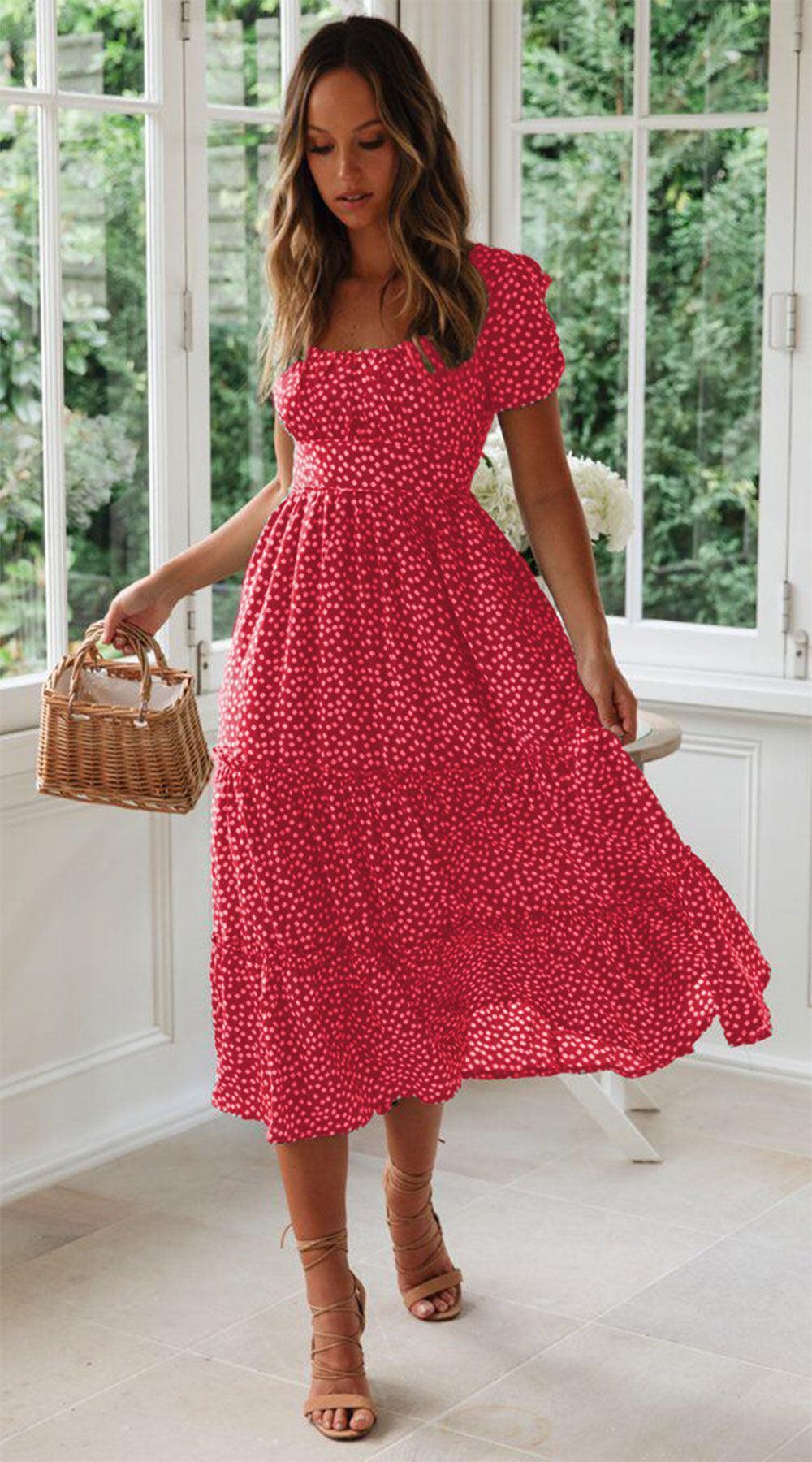 Square Collar Short Sleeve Dress Summer Puff Floral Printed Dress Long Dresses - HEPSIBAH SHOP