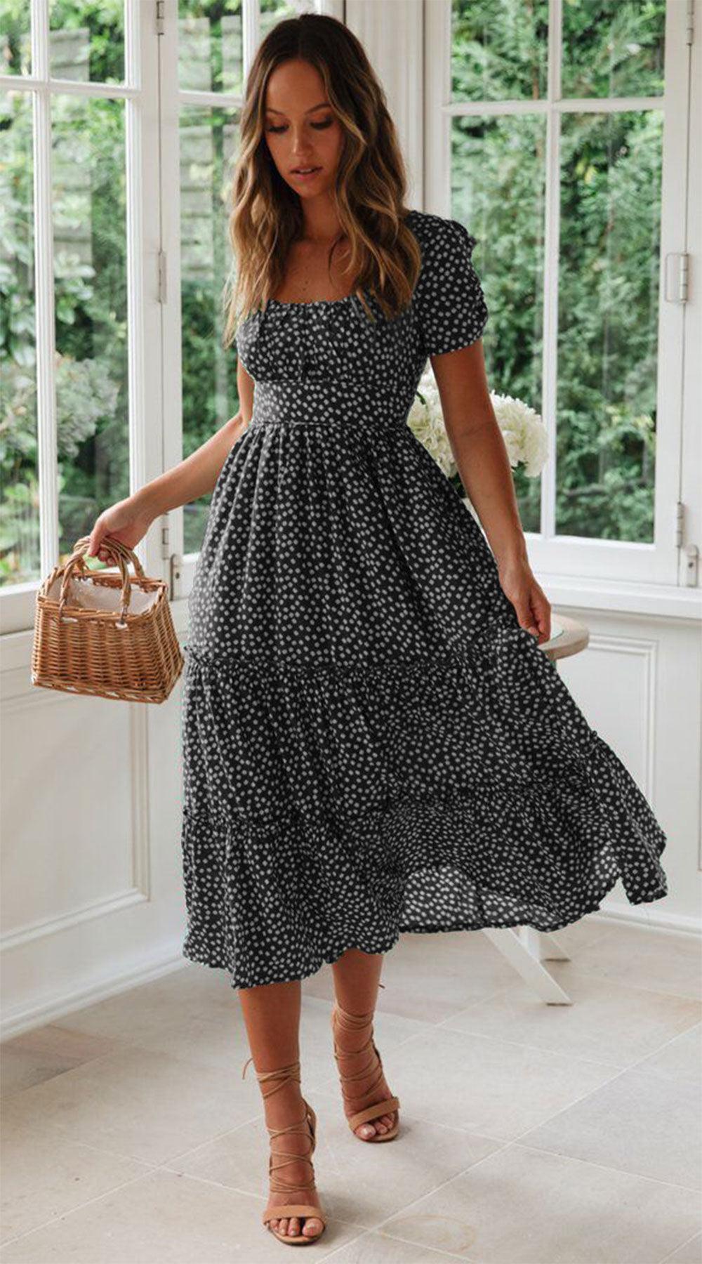 Square Collar Short Sleeve Dress Summer Puff Floral Printed Dress Long Dresses - HEPSIBAH SHOP