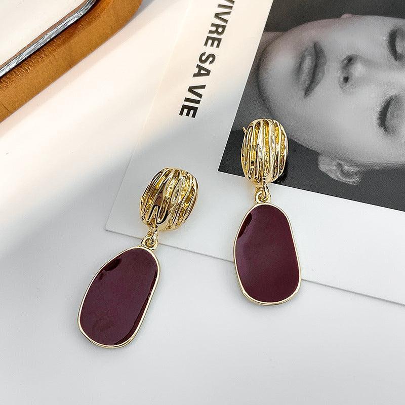 Burgundy Geometric Piece Unique Design Hong Kong Style Earrings - HEPSIBAH SHOP