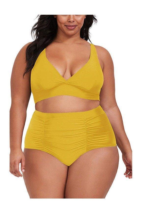 V-neck high waist pleated swimwear two piece set - HEPSIBAH SHOP