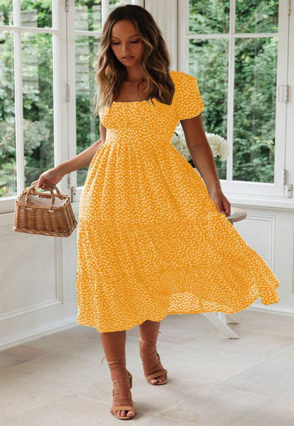 Square Collar Short Sleeve Dress Summer Puff Floral Printed Dress Long Dresses - HEPSIBAH SHOP