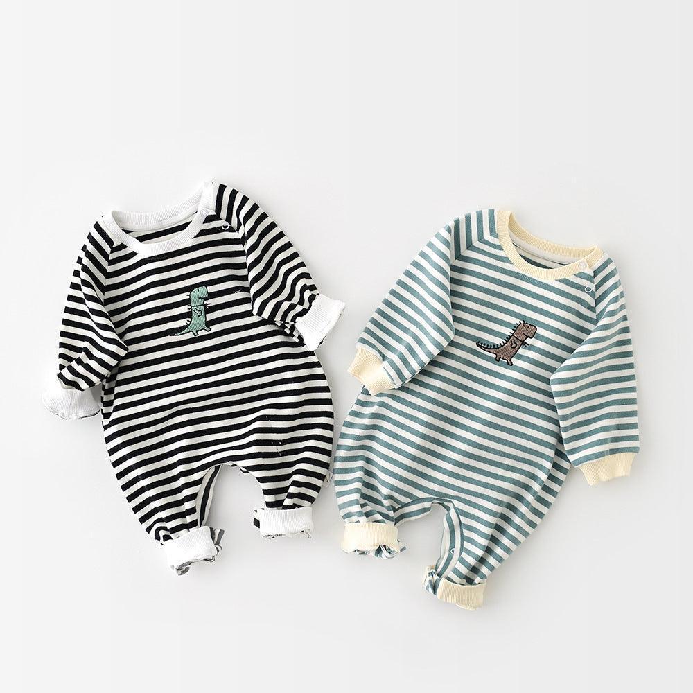 Male And Female Baby Cartoon Striped Dinosaur Embroidery Long-Sleeved Jumpsuit - HEPSIBAH SHOP