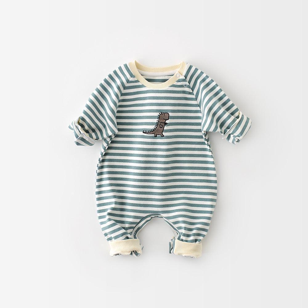 Male And Female Baby Cartoon Striped Dinosaur Embroidery Long-Sleeved Jumpsuit - HEPSIBAH SHOP