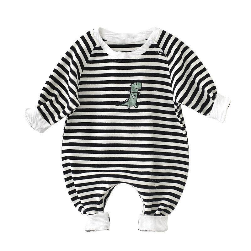 Male And Female Baby Cartoon Striped Dinosaur Embroidery Long-Sleeved Jumpsuit - HEPSIBAH SHOP