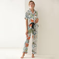 Pajamas leaf print summer short-sleeved silk pajamas with lace