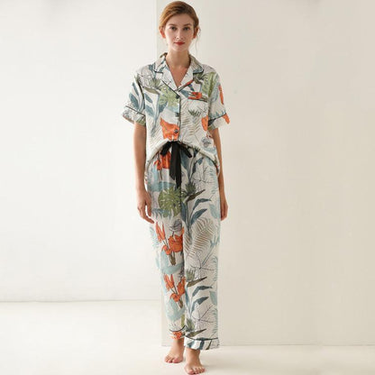 Pajamas leaf print summer short-sleeved silk pajamas with lace