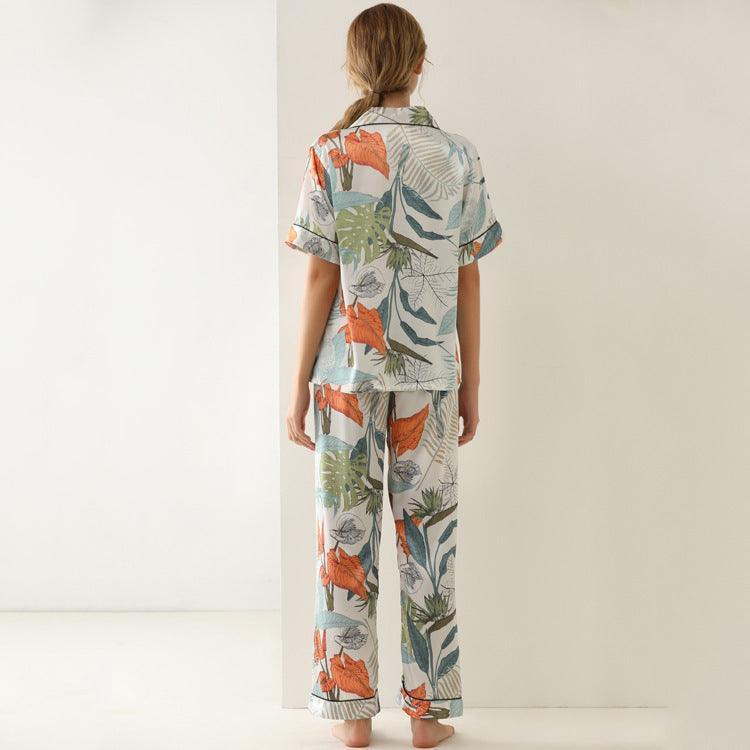 Pajamas leaf print summer short-sleeved silk pajamas with lace