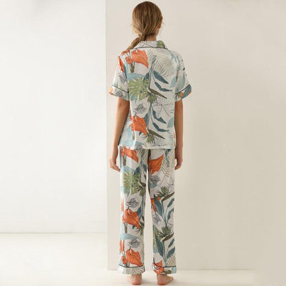 Pajamas leaf print summer short-sleeved silk pajamas with lace