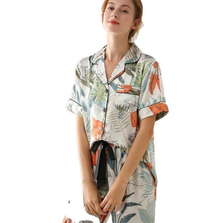 Pajamas leaf print summer short-sleeved silk pajamas with lace