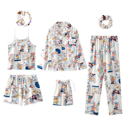 Seven-Piece Pajamas Simulation Silk Long-Sleeved Cardigan Spring And Autumn Set - HEPSIBAH SHOP