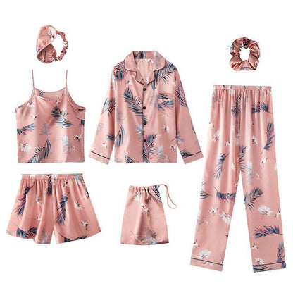 Seven-Piece Pajamas Simulation Silk Long-Sleeved Cardigan Spring And Autumn Set - HEPSIBAH SHOP