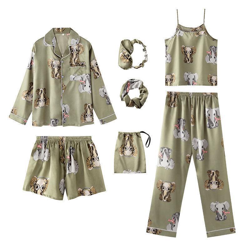 Seven-Piece Pajamas Simulation Silk Long-Sleeved Cardigan Spring And Autumn Set - HEPSIBAH SHOP