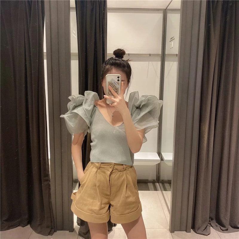 Organza Short Sleeve Slim Fit Short Crop Top - HEPSIBAH SHOP