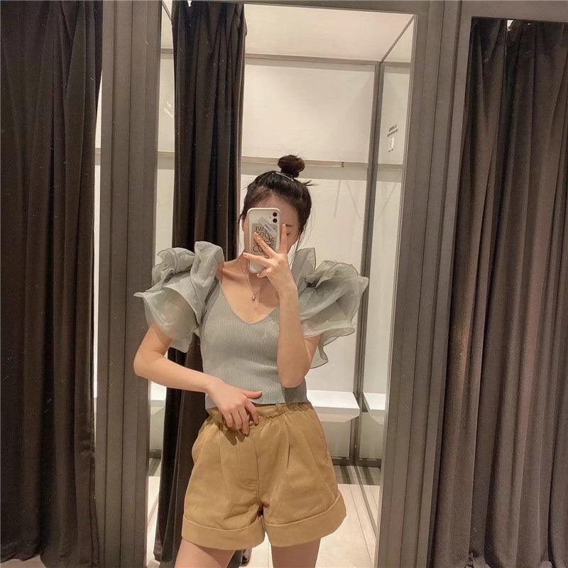 Organza Short Sleeve Slim Fit Short Crop Top - HEPSIBAH SHOP