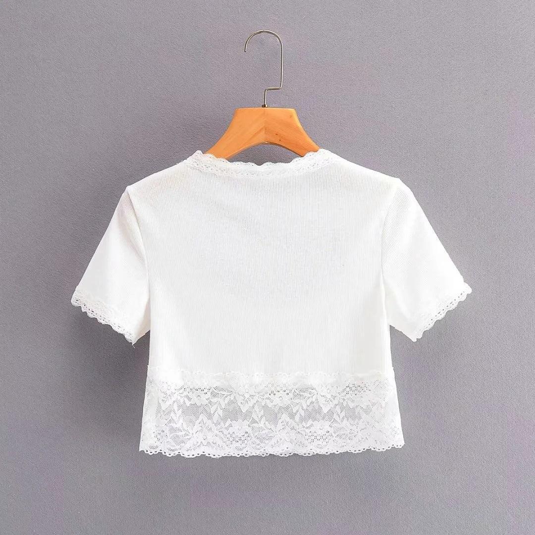 Lace Stitching Square Neck Short Sleeves - HEPSIBAH SHOP