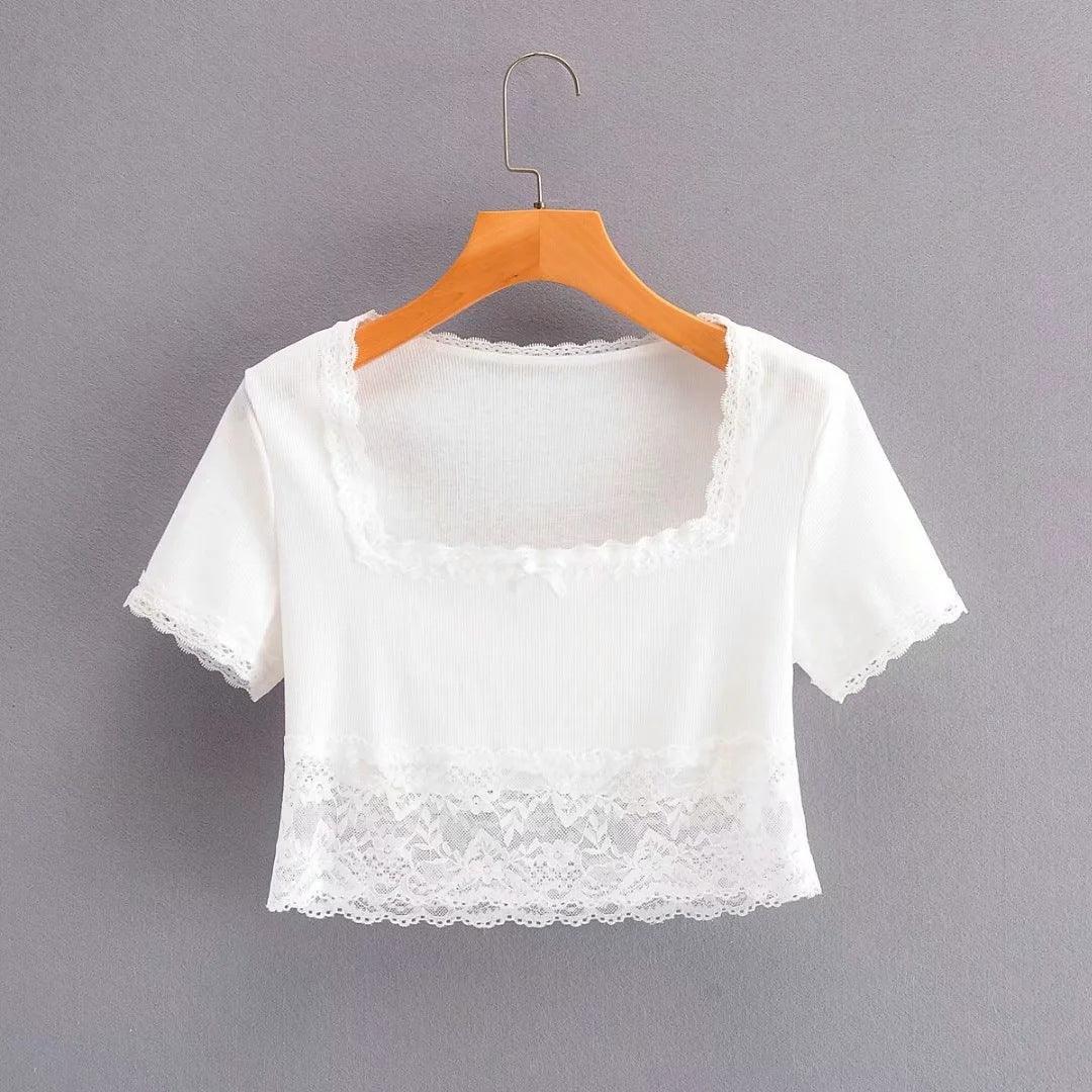 Lace Stitching Square Neck Short Sleeves - HEPSIBAH SHOP