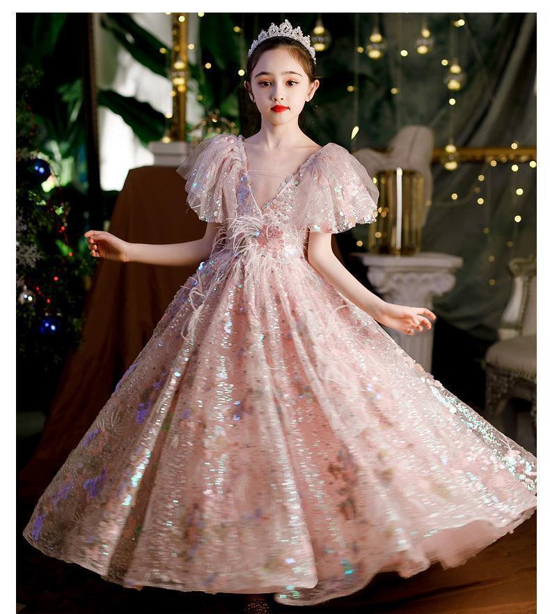 Girls' Dresses, Couture Little Girls, 10-Year-Old Princess Dress, Sequins, Host Catwalk Show, Piano Performance Clothing, Children - HEPSIBAH SHOP