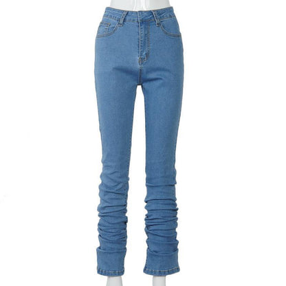 Women Ruched Denim Blue High Wait Stacked Pants - HEPSIBAH SHOP