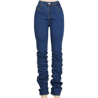 Women Ruched Denim Blue High Wait Stacked Pants - HEPSIBAH SHOP