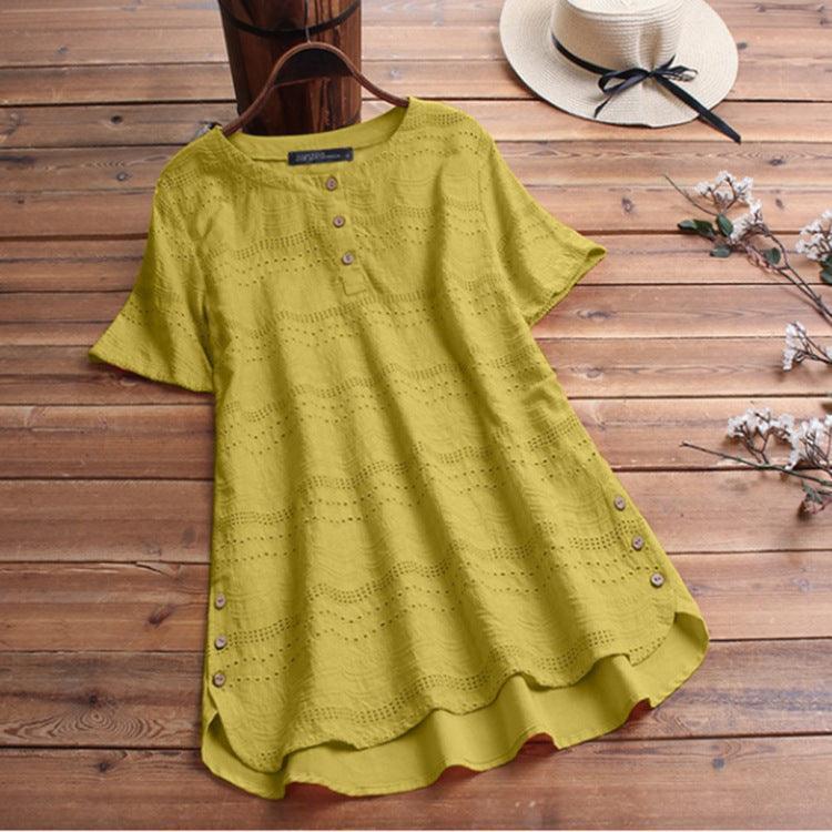 Embroidered Cool Short-Sleeved Button Top - HEPSIBAH SHOP