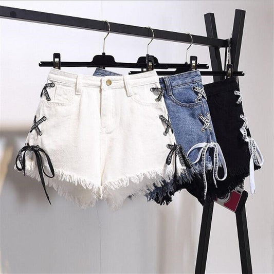 Vintage Snowflake Inelastic Women Denim Shorts With high Waist Straps Tassel Female Summer Shorts For Women's jeans - HEPSIBAH SHOP