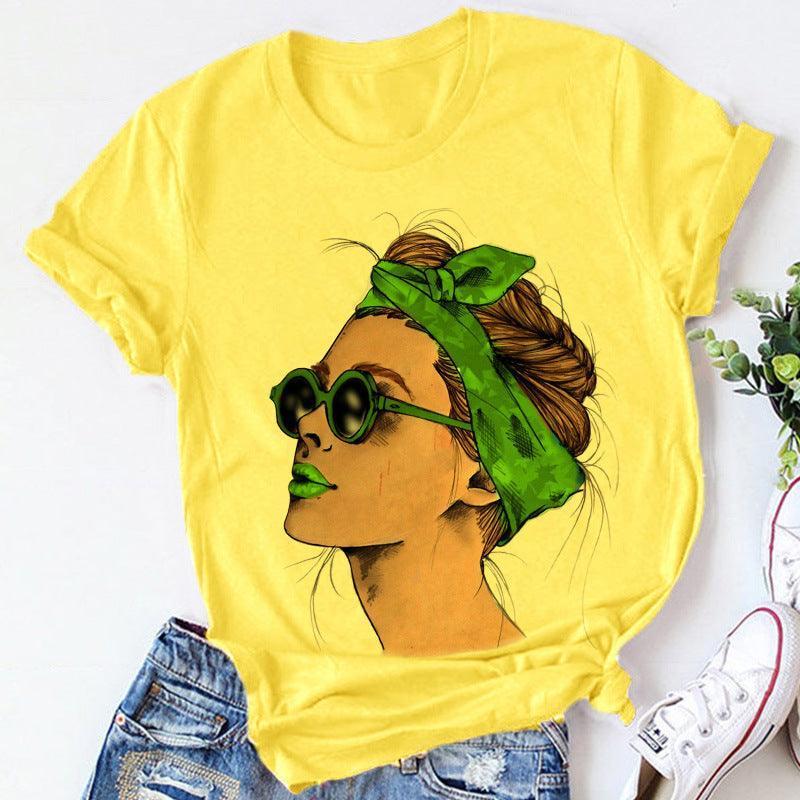 Woman Head Print Short Sleeve Round Neck Short Sleeve T-shirt - HEPSIBAH SHOP