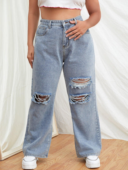 SHEIN EZwear Plus High Waist Knee Ripped Wide Leg Jeans