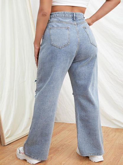 SHEIN EZwear Plus High Waist Knee Ripped Wide Leg Jeans