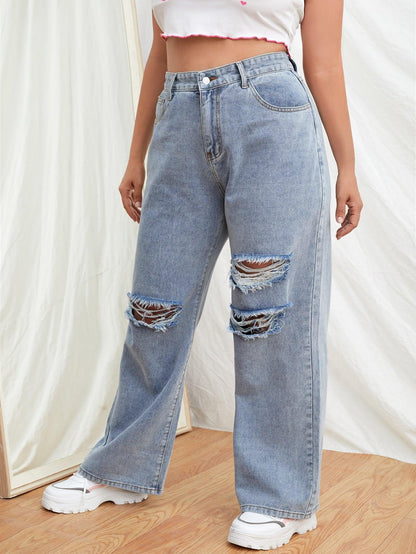 SHEIN EZwear Plus High Waist Knee Ripped Wide Leg Jeans