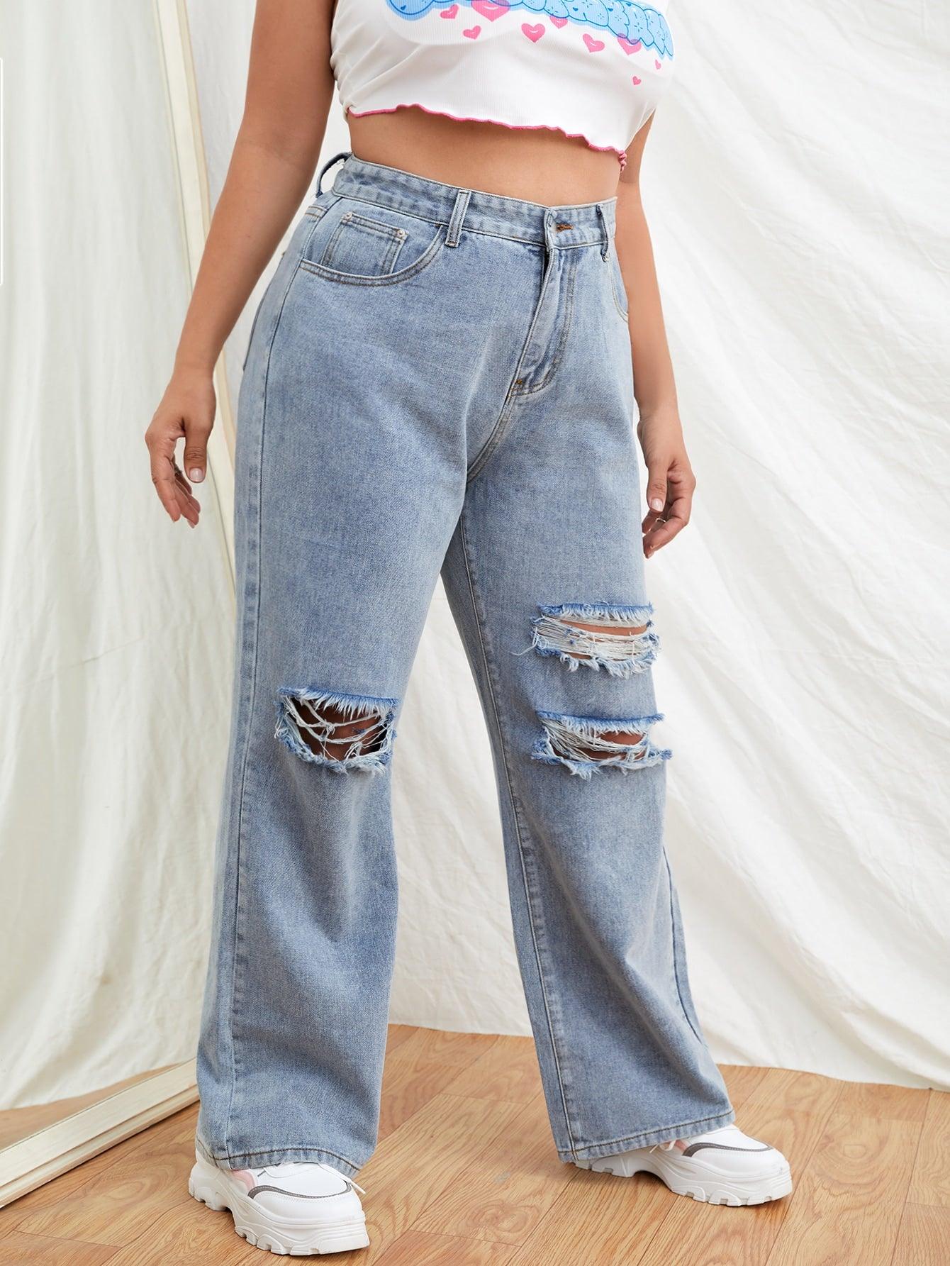 SHEIN EZwear Plus High Waist Knee Ripped Wide Leg Jeans