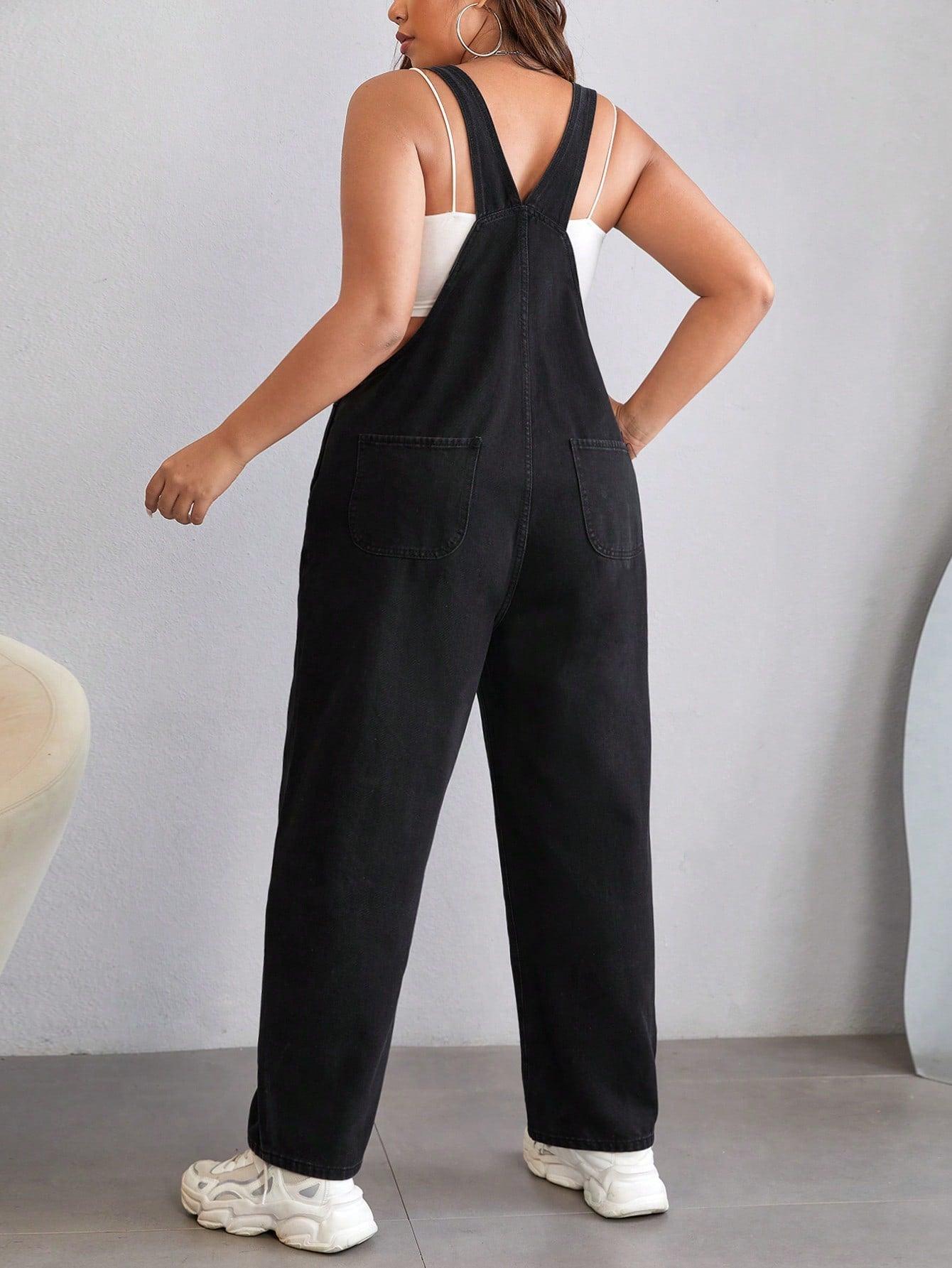 SHEIN EZwear Plus Letter Patched Detail Denim Overalls Without Tube Top