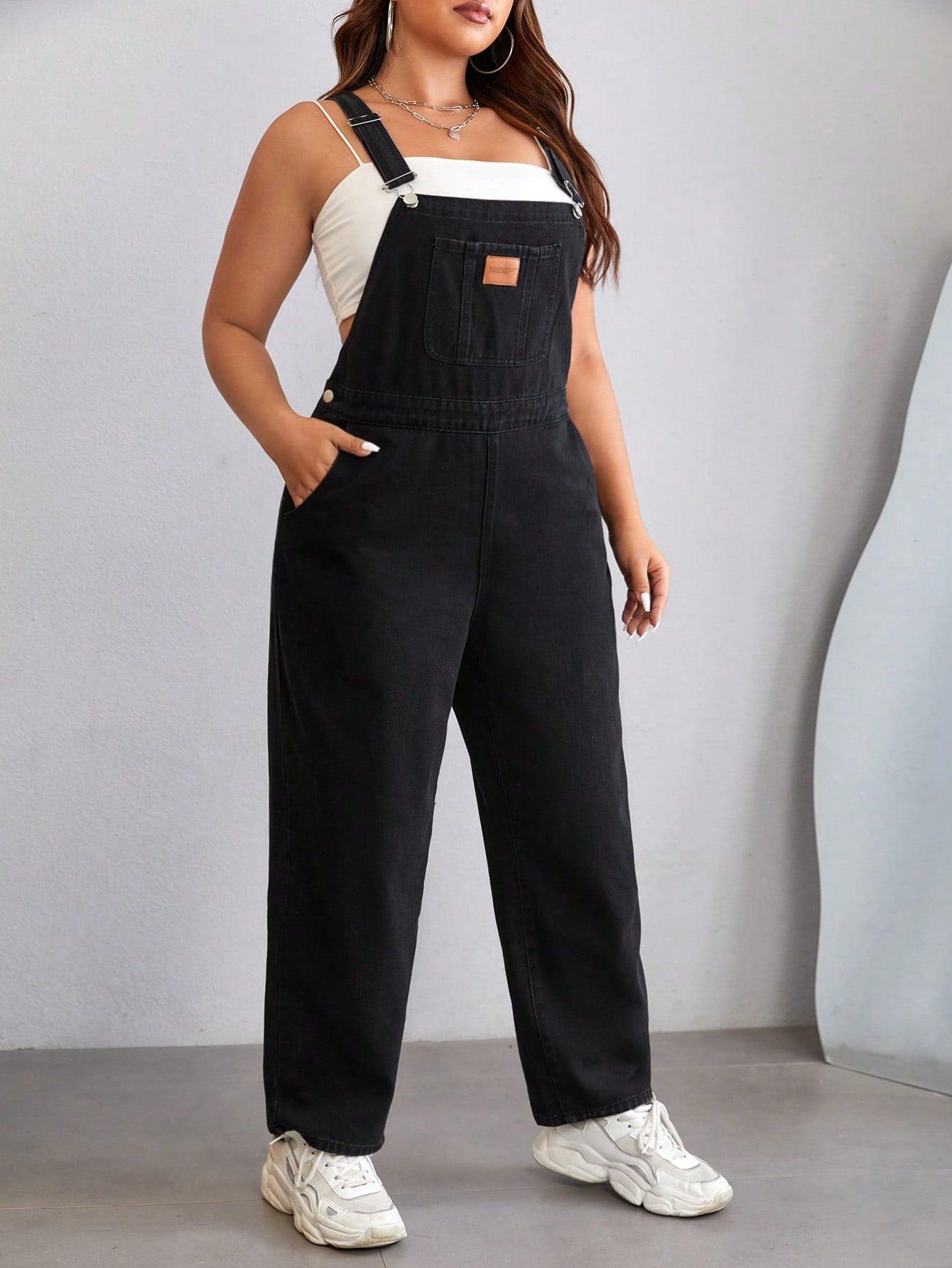 SHEIN EZwear Plus Letter Patched Detail Denim Overalls Without Tube Top