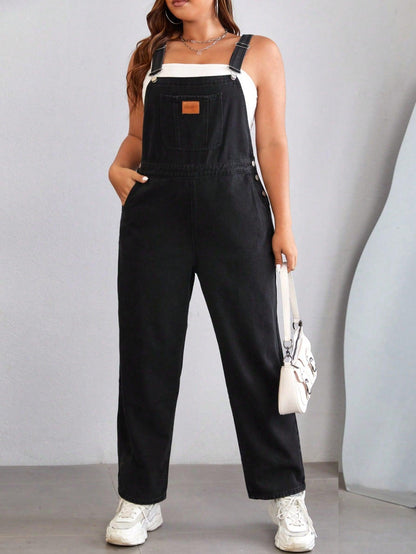 SHEIN EZwear Plus Letter Patched Detail Denim Overalls Without Tube Top