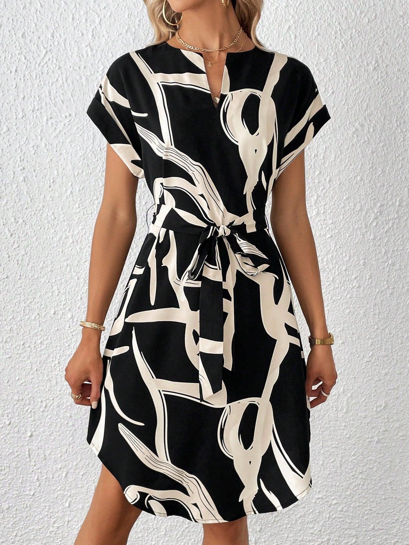 SHEIN Privé Graphic Print Notched Neck Belted Short Summer  Dress