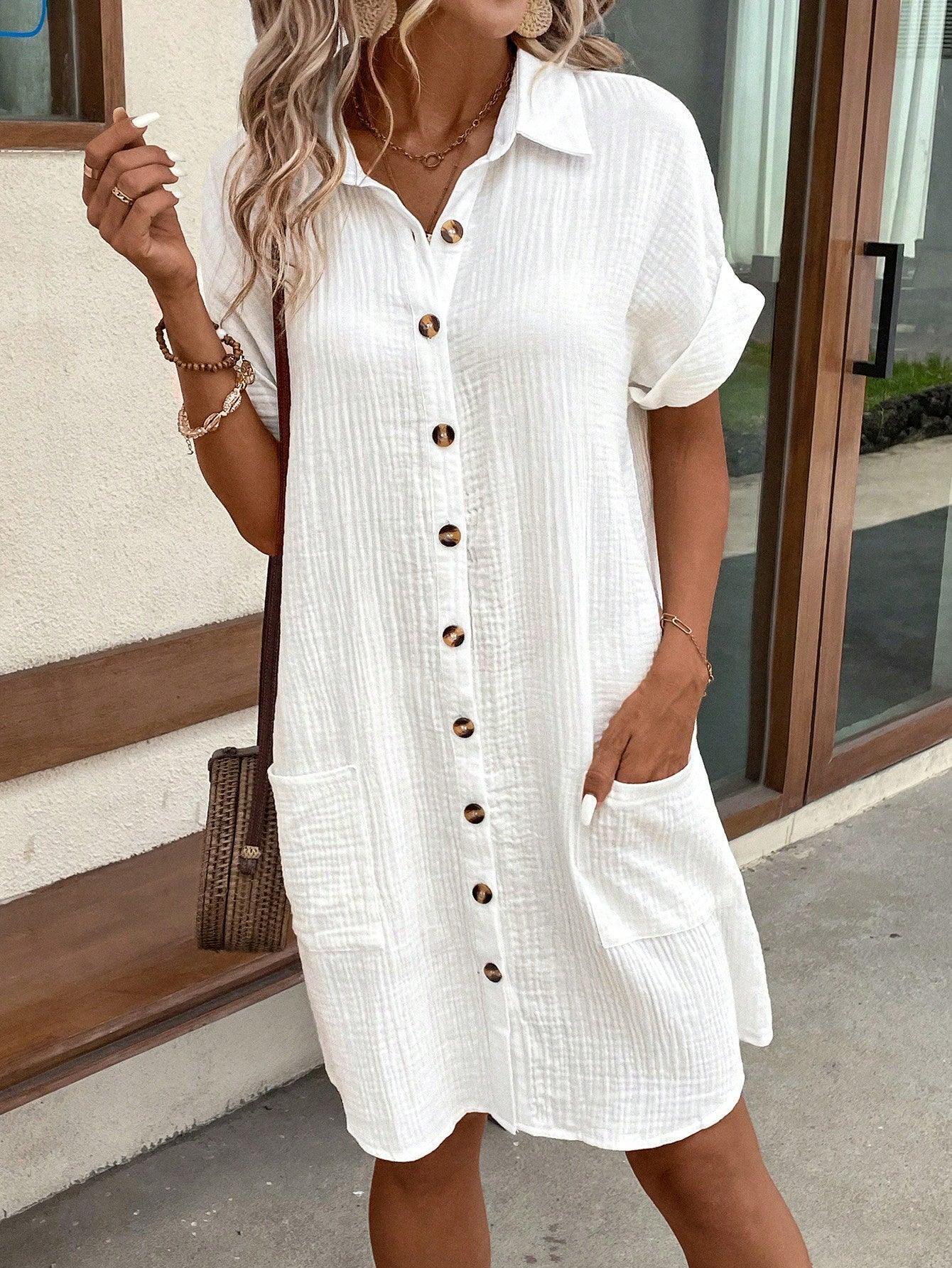 Casual Crinkle Fabric Dual Pocket Shirt Dress