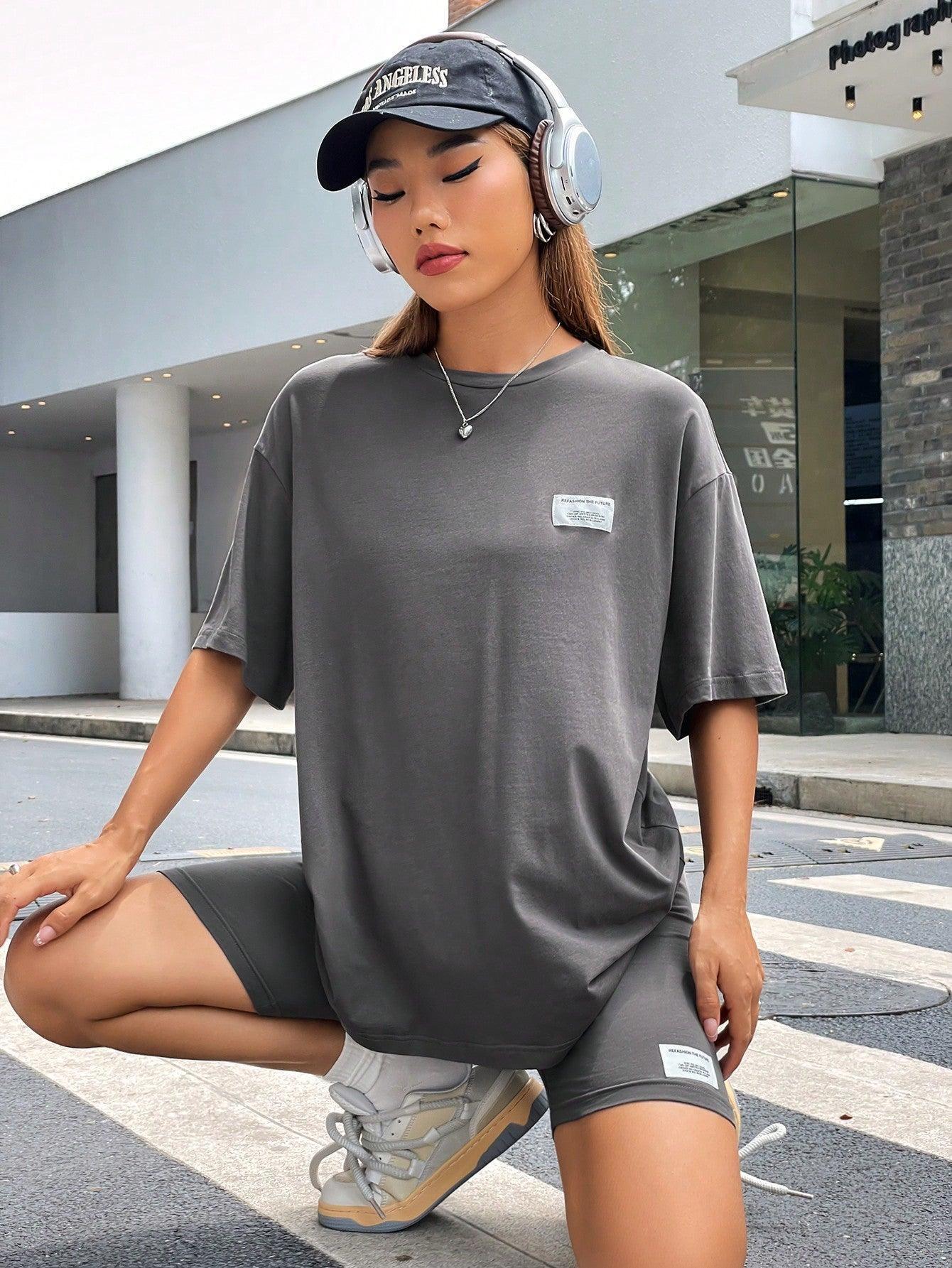 SHEIN EZwear Letter Patched Drop Shoulder Tee