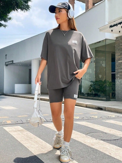 SHEIN EZwear Letter Patched Drop Shoulder Tee