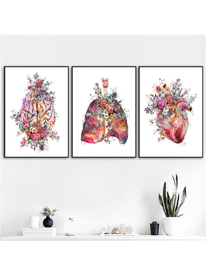 Set Of 3 Anatomy Art Medical Flower Organ Brain Heart Lung Poster Print, Canvas Art, Modern Wall Decoration For Student Education And Hospital Without Frame