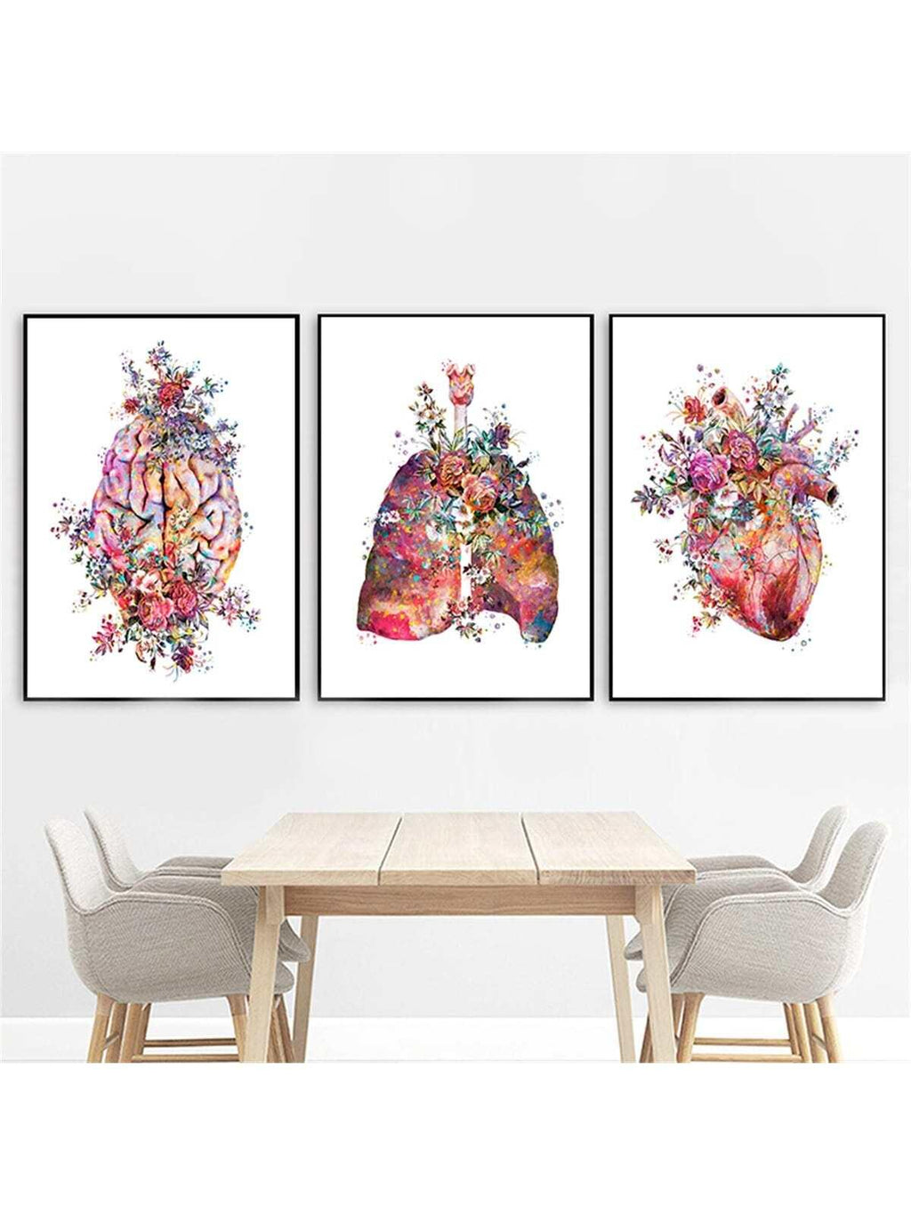 Set Of 3 Anatomy Art Medical Flower Organ Brain Heart Lung Poster Print, Canvas Art, Modern Wall Decoration For Student Education And Hospital Without Frame