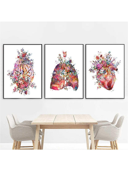 Set Of 3 Anatomy Art Medical Flower Organ Brain Heart Lung Poster Print, Canvas Art, Modern Wall Decoration For Student Education And Hospital Without Frame