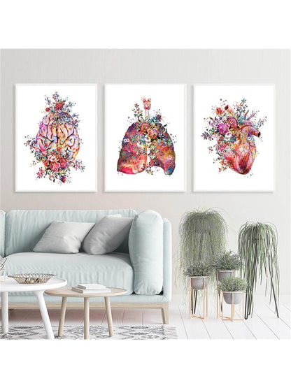 Set Of 3 Anatomy Art Medical Flower Organ Brain Heart Lung Poster Print, Canvas Art, Modern Wall Decoration For Student Education And Hospital Without Frame