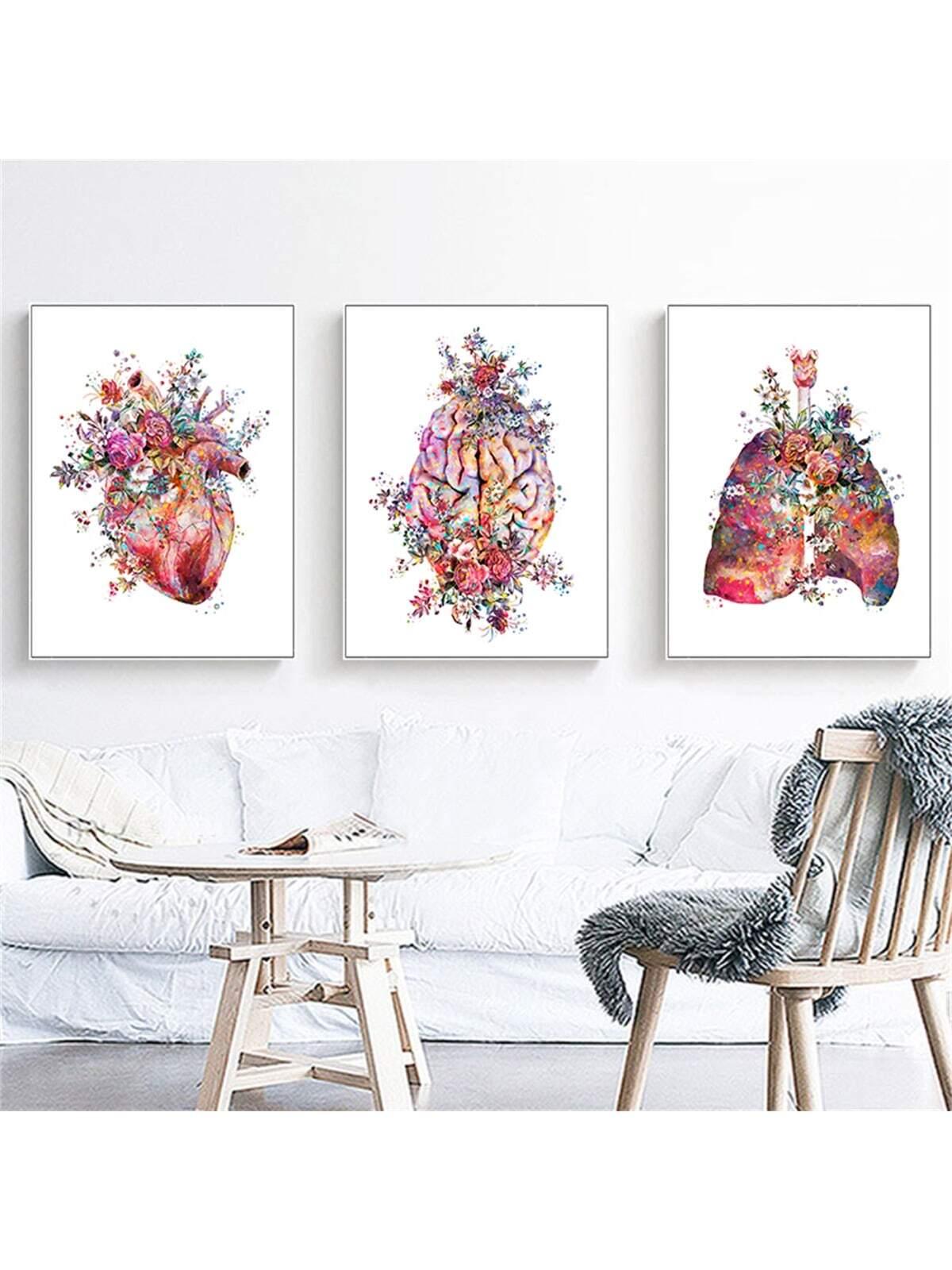 Set Of 3 Anatomy Art Medical Flower Organ Brain Heart Lung Poster Print, Canvas Art, Modern Wall Decoration For Student Education And Hospital Without Frame