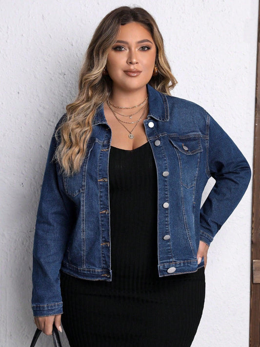 SHEIN LUNE Plus Flap Pocket Denim Jacket