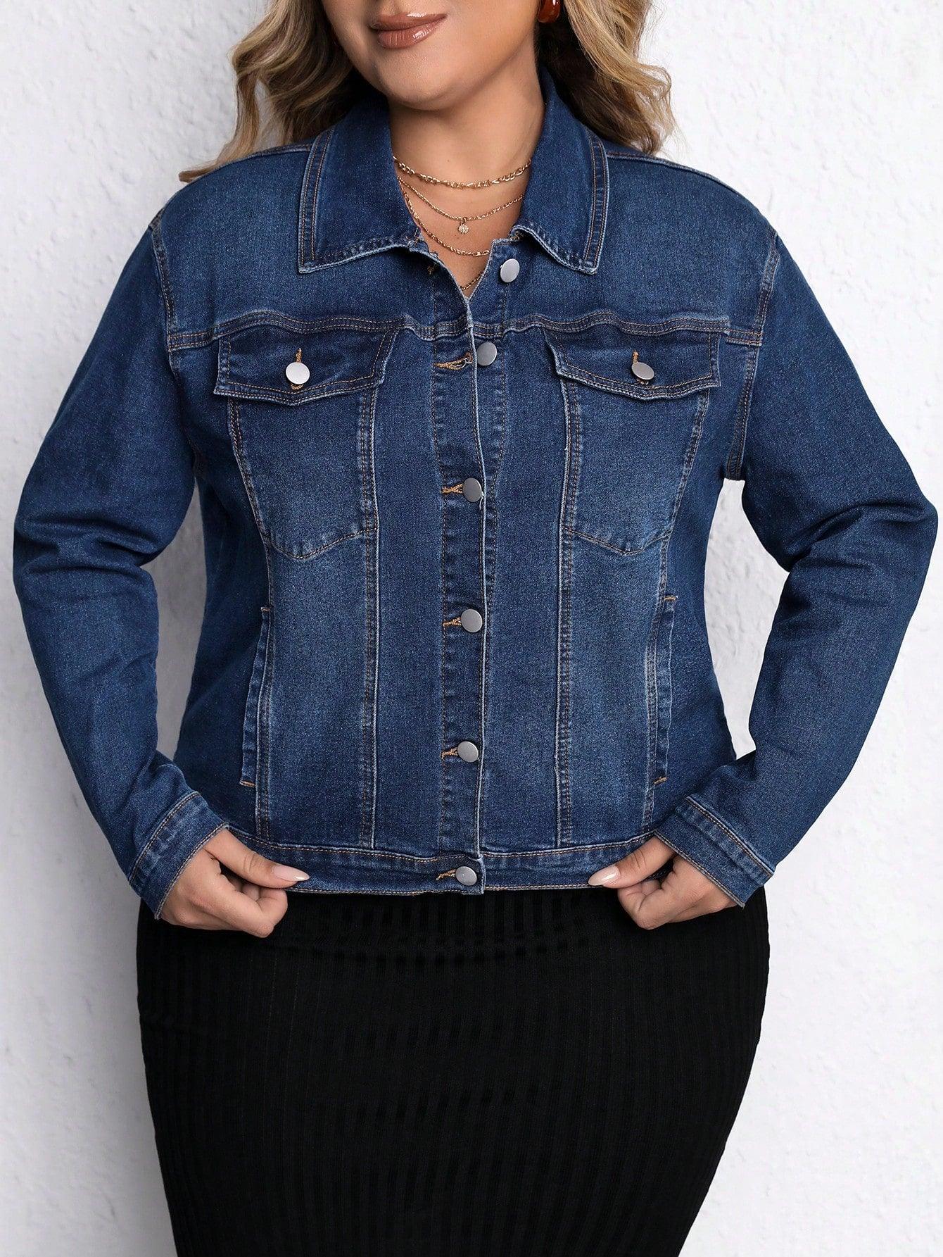 SHEIN LUNE Plus Flap Pocket Denim Jacket