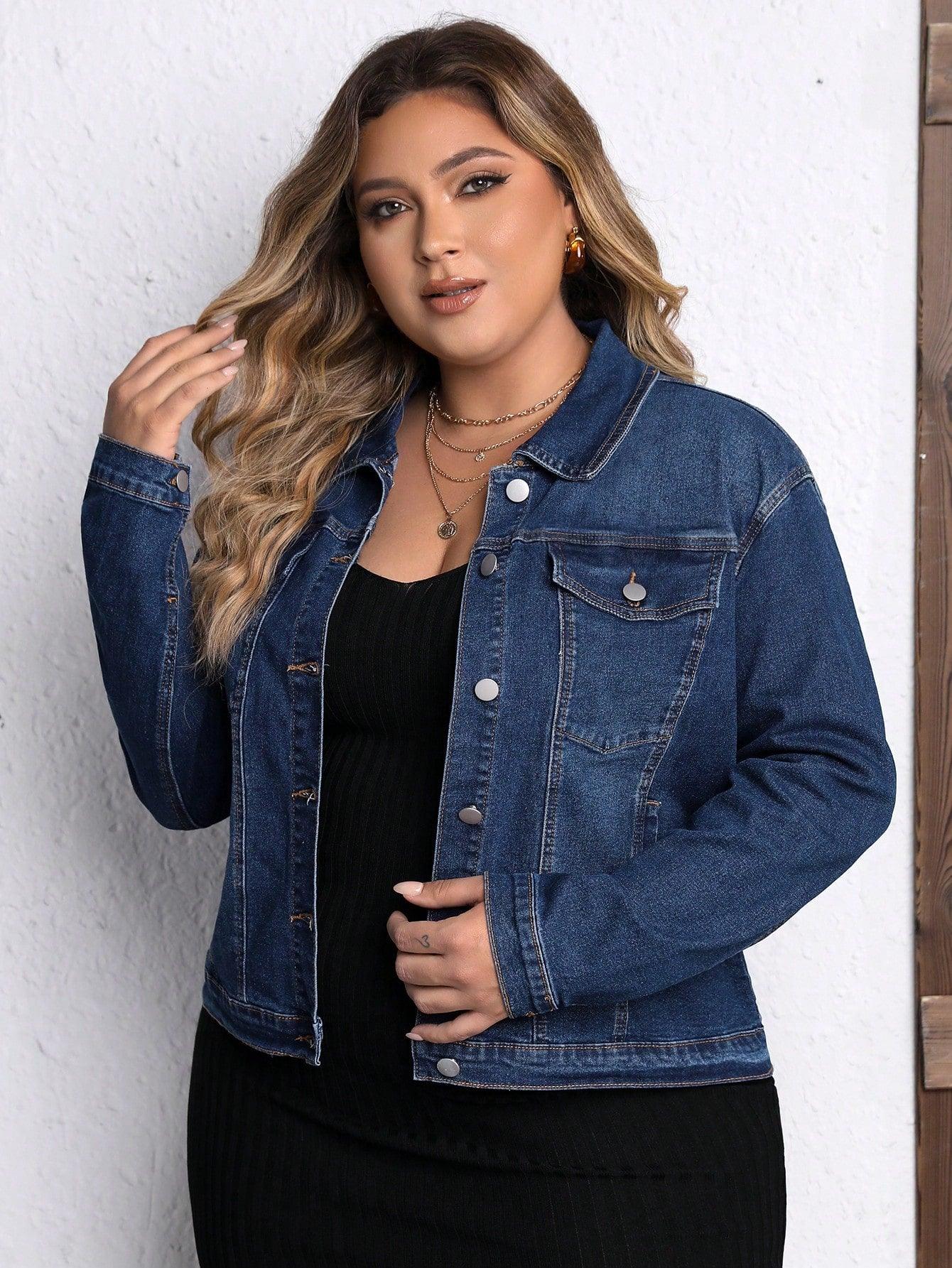 SHEIN LUNE Plus Flap Pocket Denim Jacket